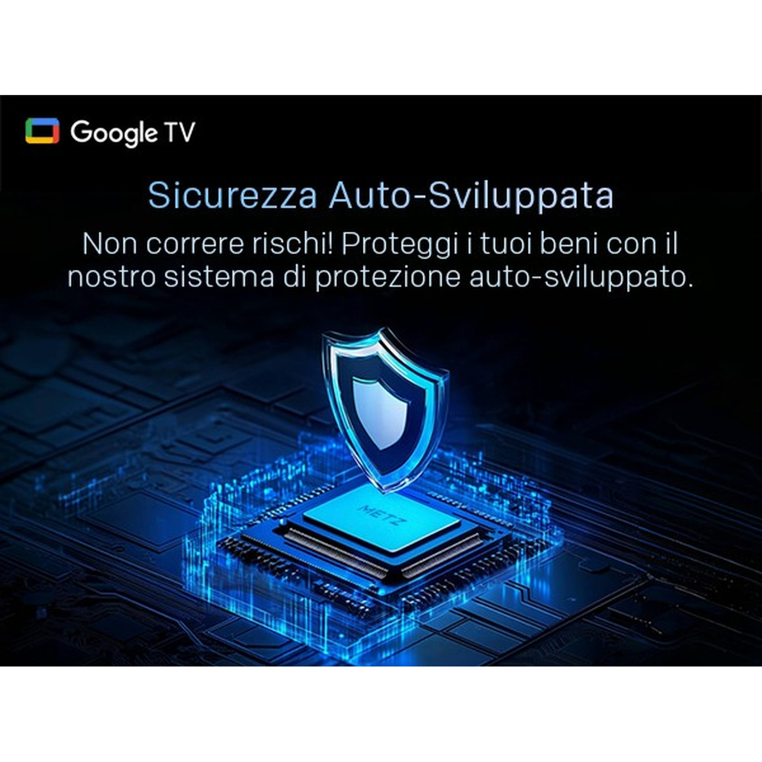 Google TV con un processore stilizzato e un emblema a scudo.