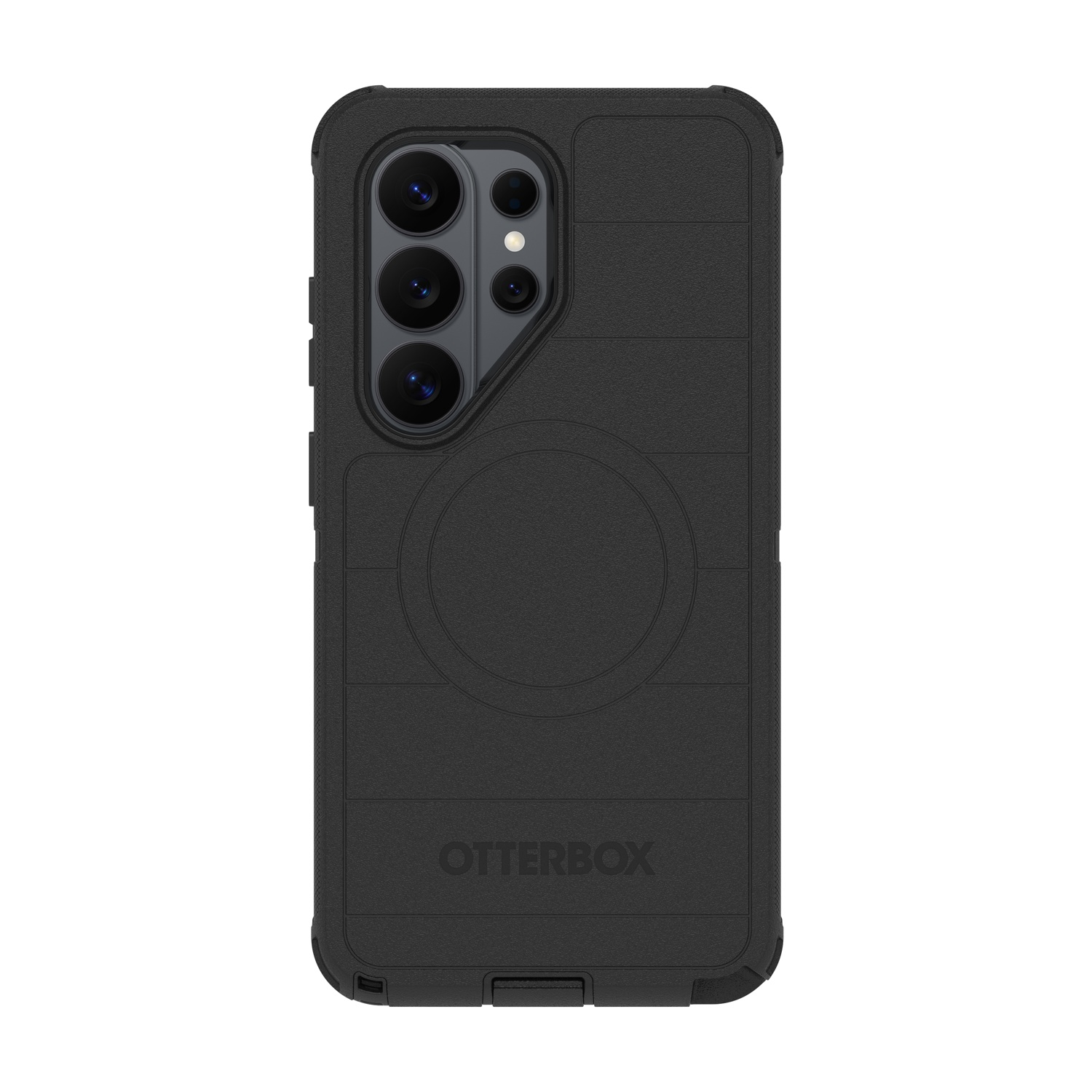 Custodia nera per telefono con quattro obiettivi e logo Otterbox.