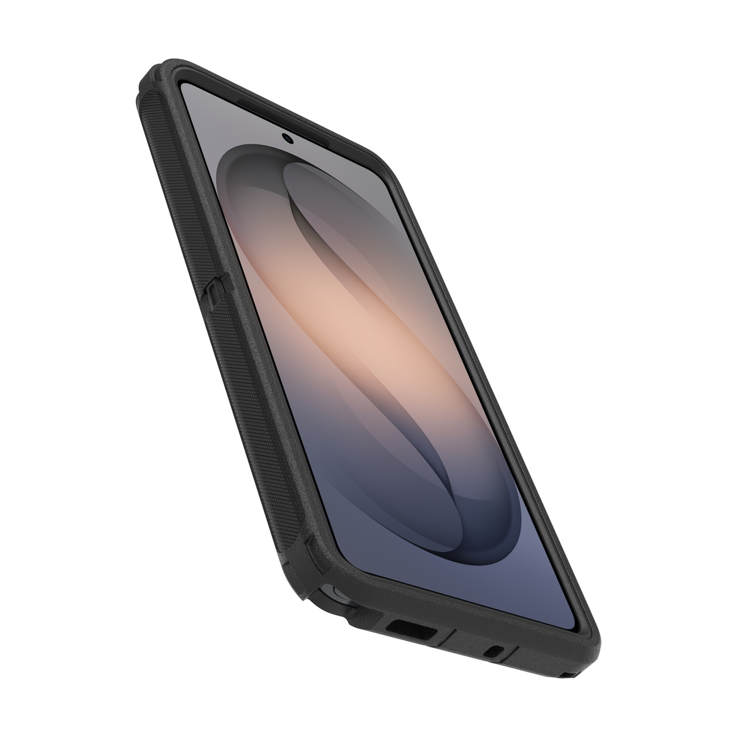 Uno smartphone nero in una custodia robusta, esposto su sfondo bianco.