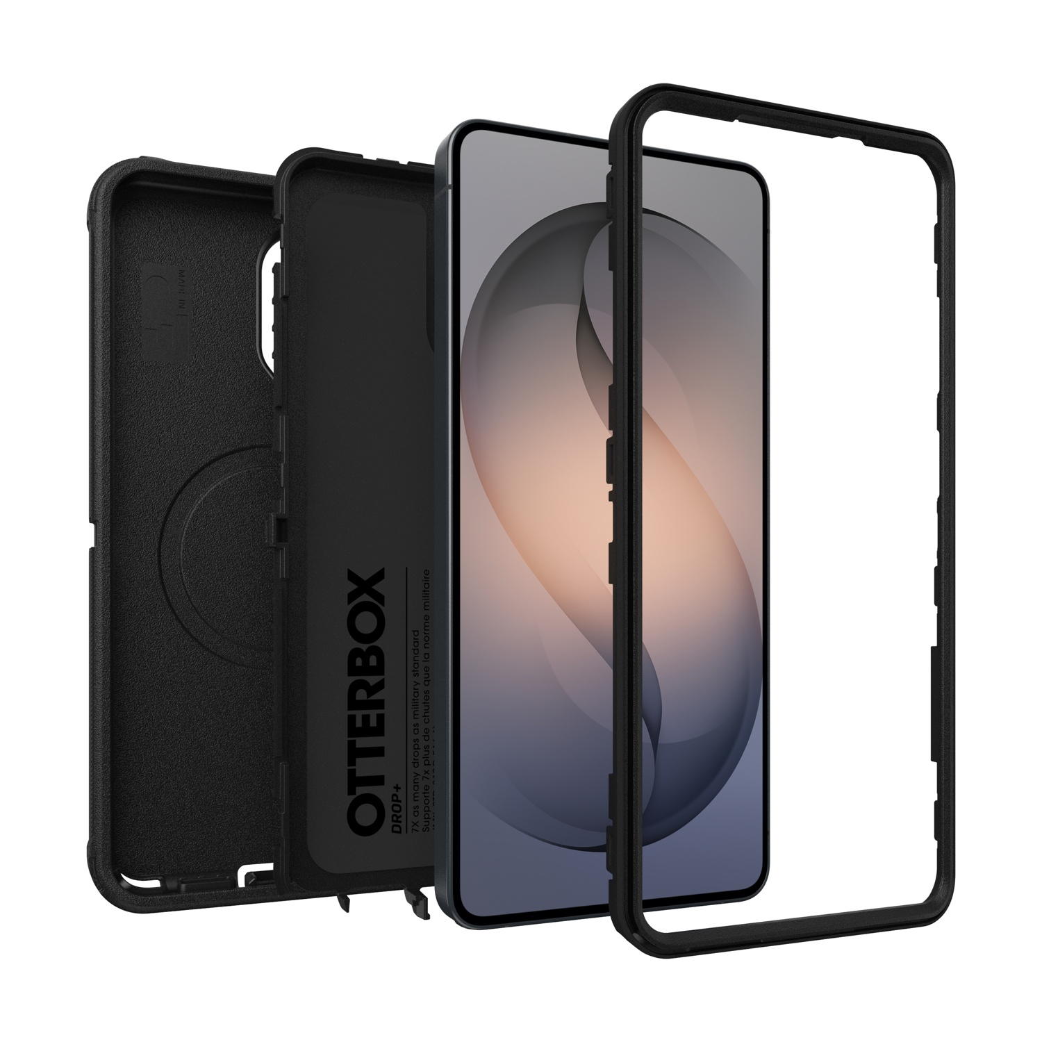 Vista esplosa di una custodia Otterbox nera e smartphone.