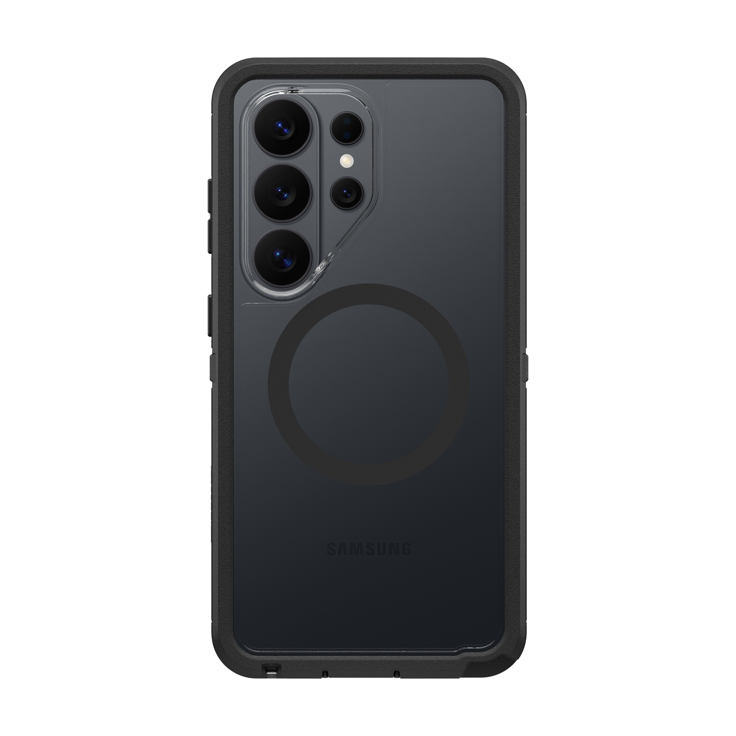 Telefono Samsung nero con fotocamere e cerchio sul retro in custodia protettiva.