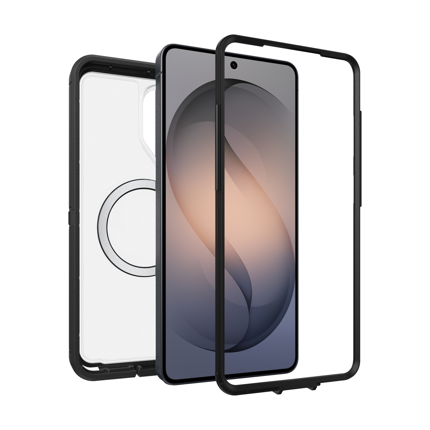 Uno smartphone con custodia trasparente e cornice nera.