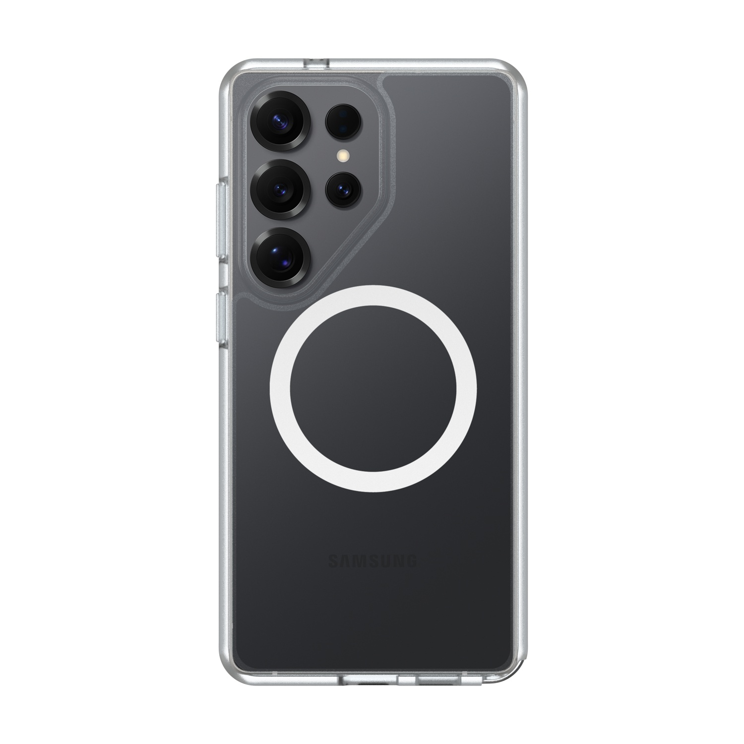 Una custodia trasparente per telefono con quattro fotocamere e un cerchio bianco.
