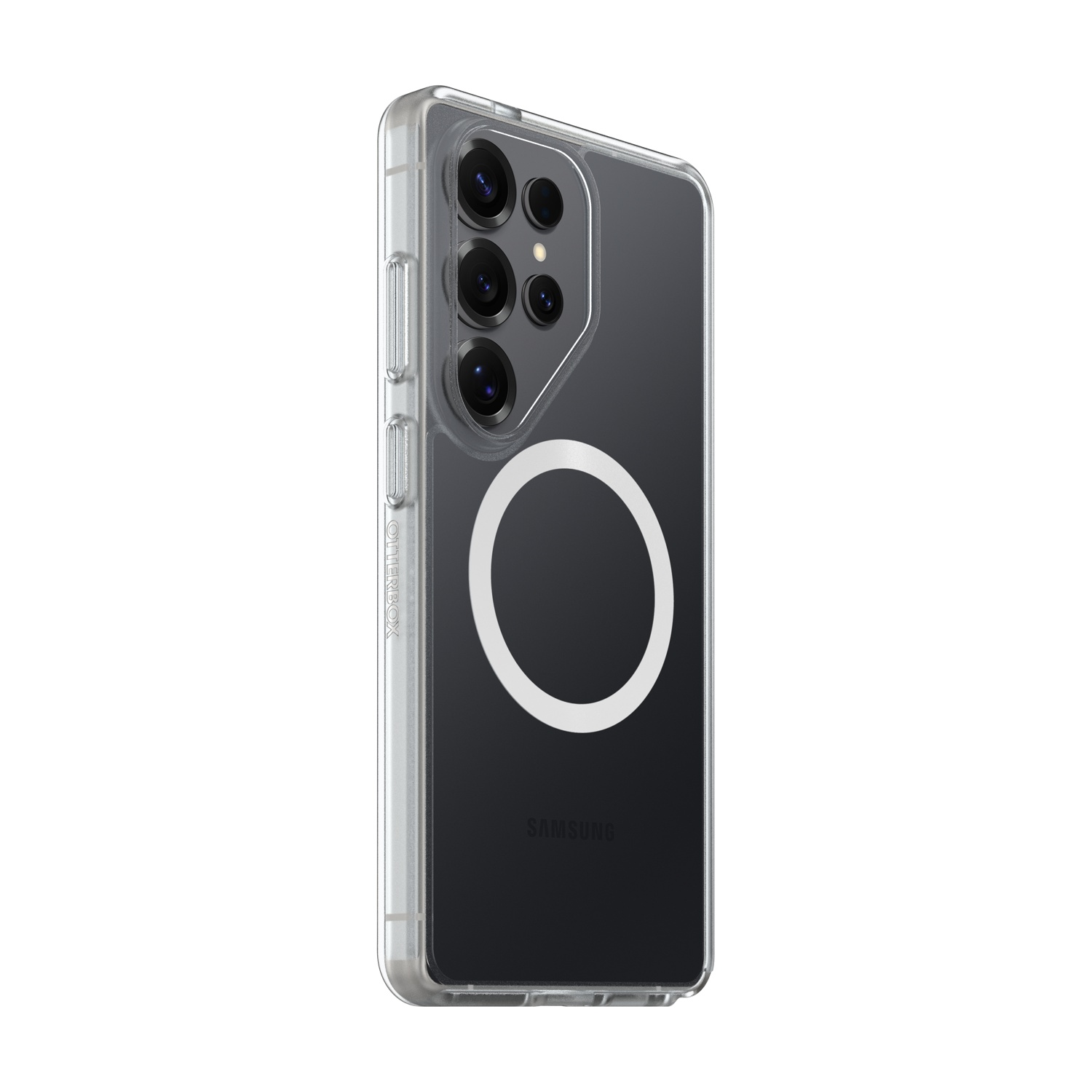 Una cover trasparente per telefono con un anello bianco sul retro.