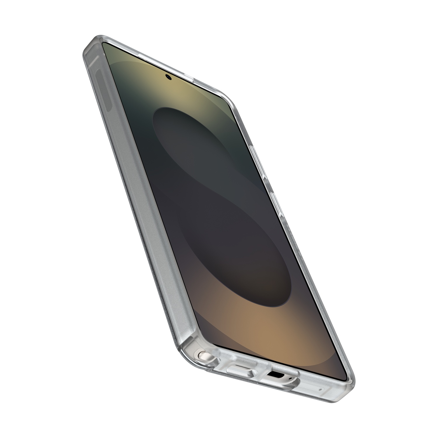 Una custodia trasparente per telefono circonda uno smartphone con schermo scuro.
