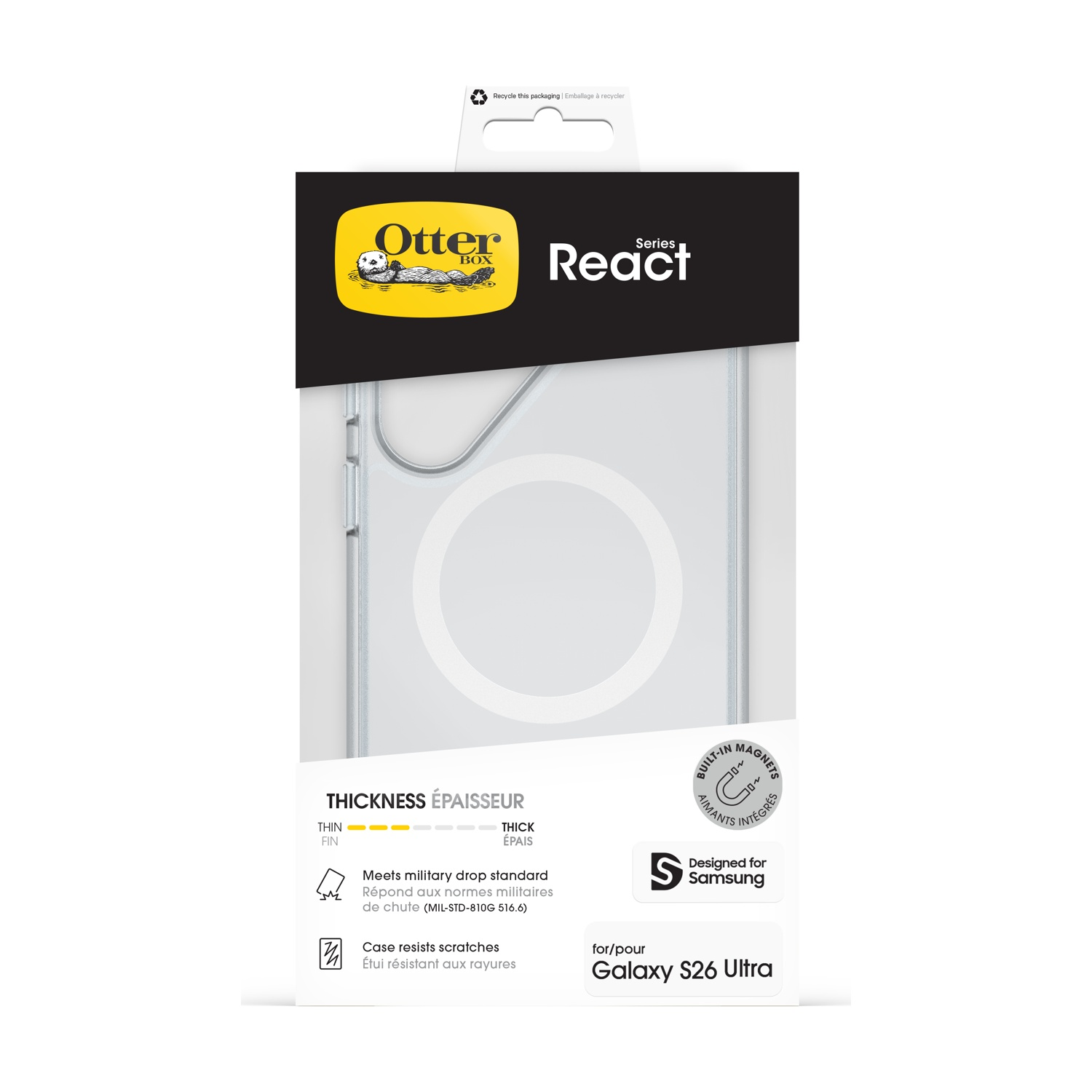 Custodia OtterBox React per Galaxy S26 Ultra con magneti e resistenza ai graffi.