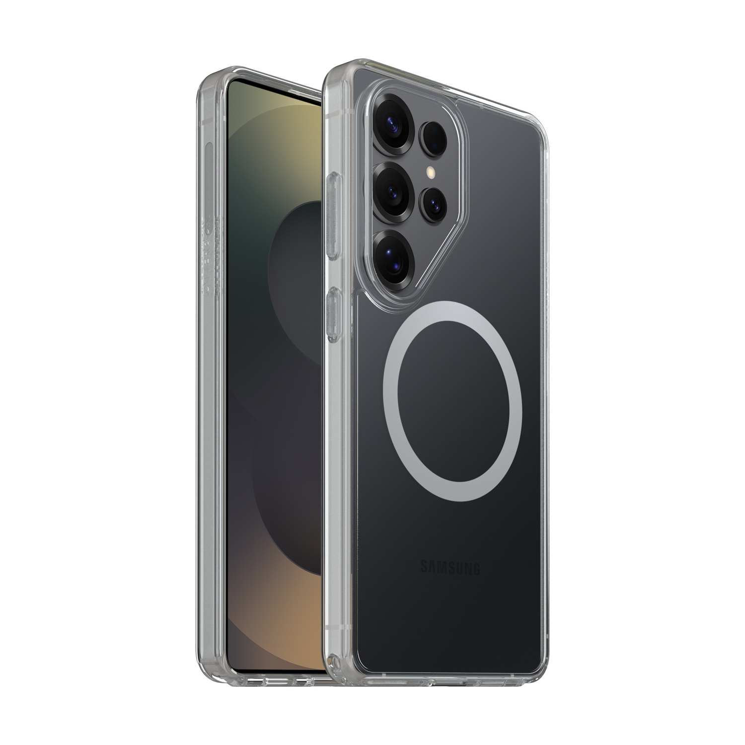 Una custodia trasparente per telefono con un anello magnetico sul retro di uno smartphone.