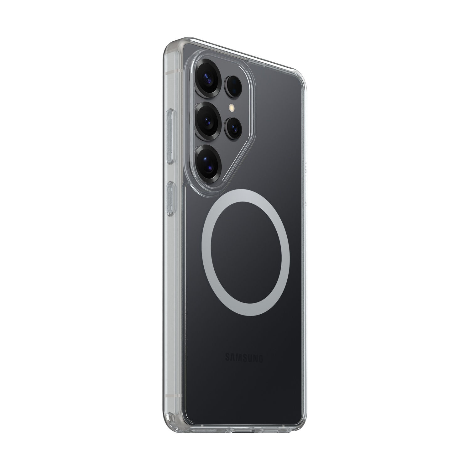 Una cover trasparente per telefono con quattro fotocamere e un anello magnetico.