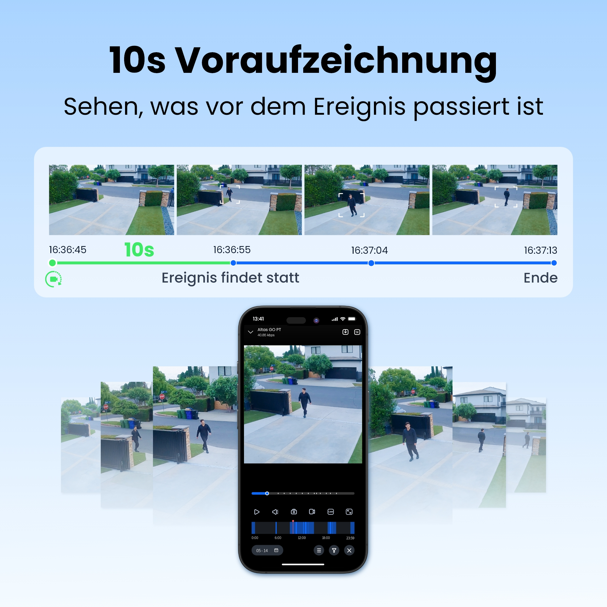 Zeitleiste zeigt eine Person, die auf einer Auffahrt geht, aufgenommen von einer Überwachungskamera.