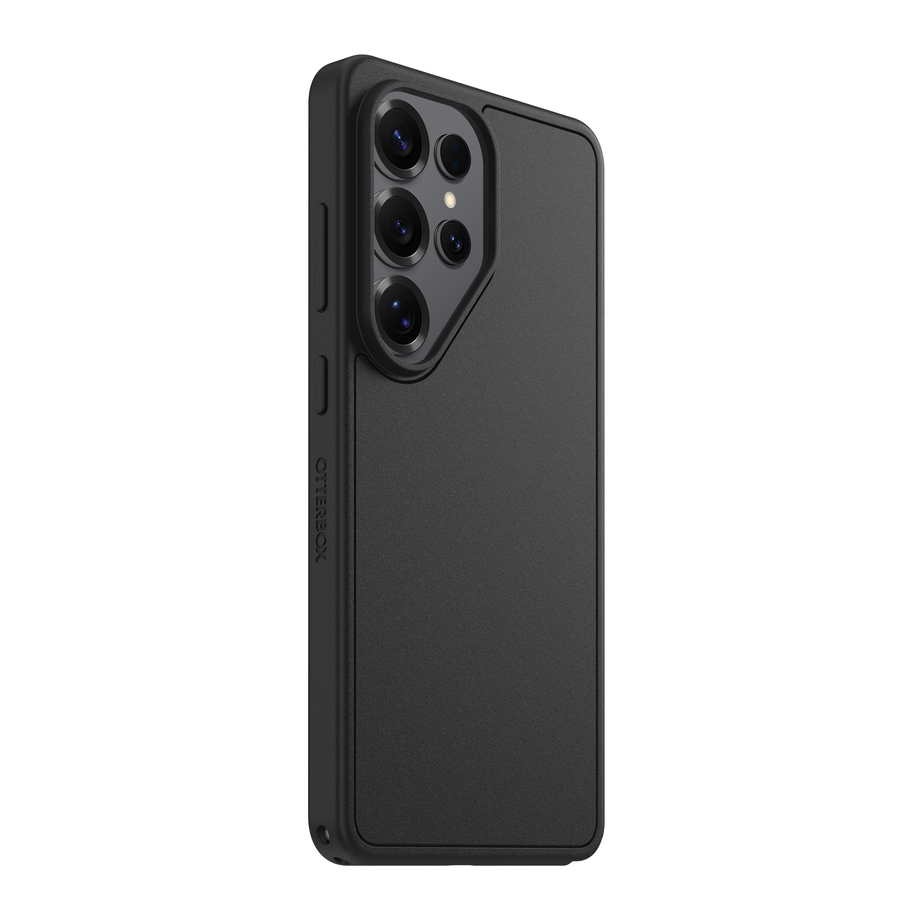 Custodia nera per telefono con modulo fotocamera prominente e logo Otterbox sul lato.