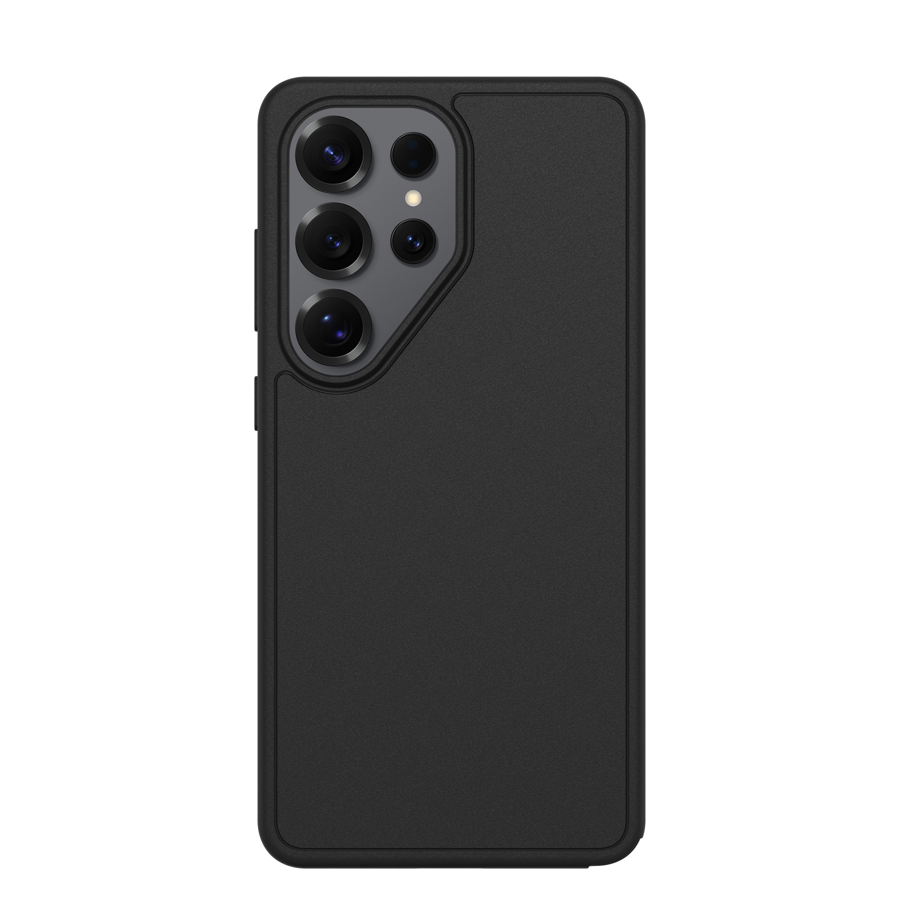 Custodia nera per telefono con tripla lente della fotocamera sul retro.