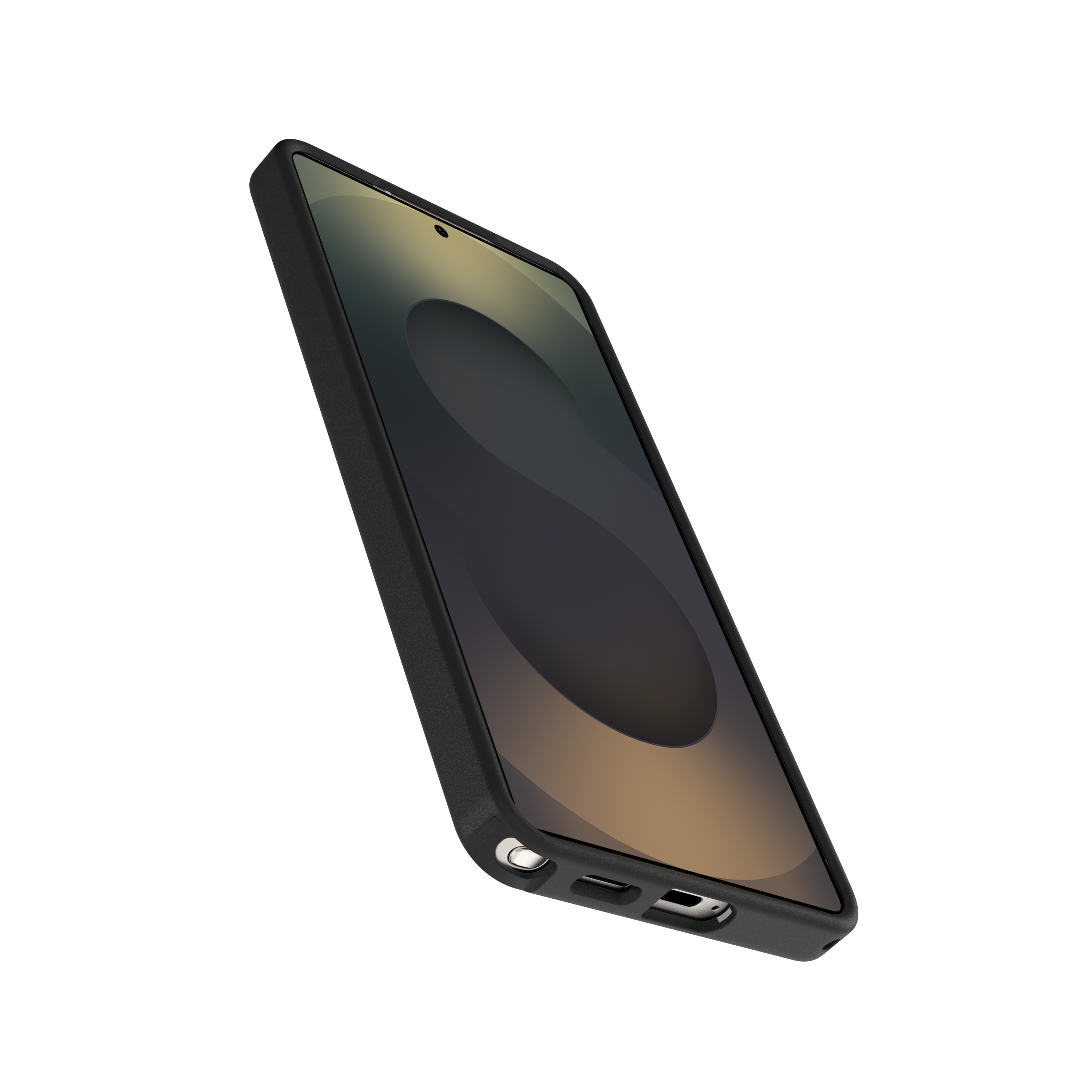 Smartphone nero in custodia, con porta di ricarica e pulsanti del volume.