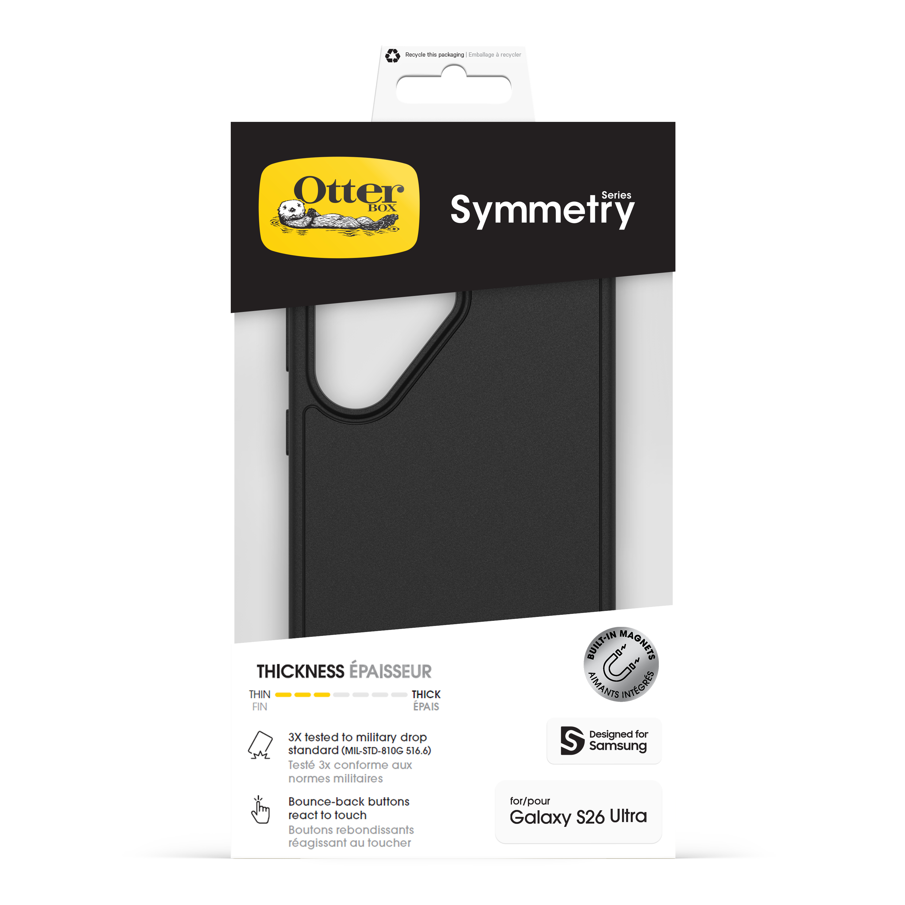 Custodia nera Otterbox Symmetry per Samsung Galaxy S26 Ultra con magneti.