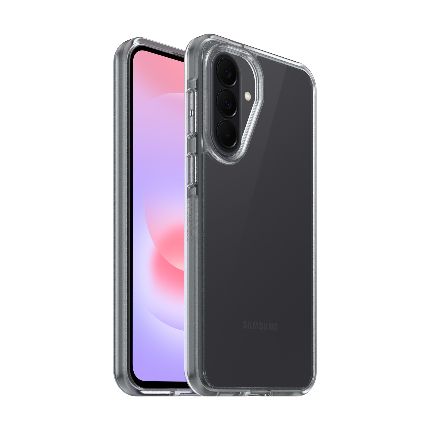 Una custodia trasparente per telefono con tre fotocamere e il logo Samsung.