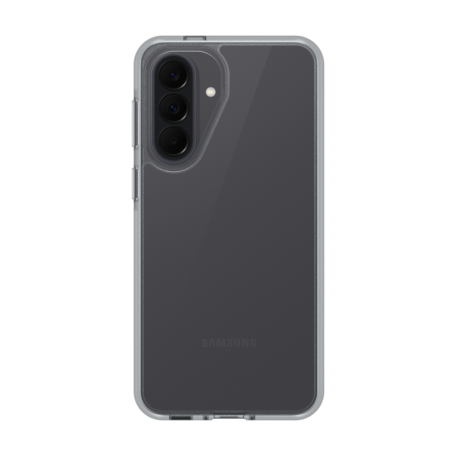 Vista posteriore di una cover trasparente per telefono con tre fotocamere.