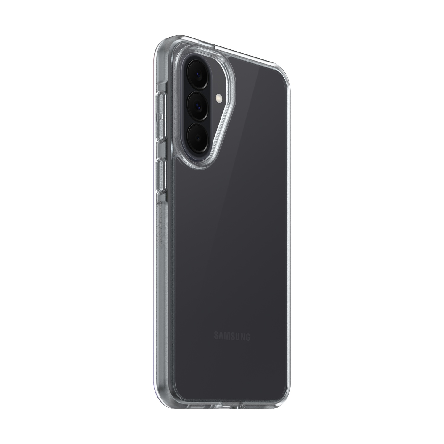 Una cover trasparente per telefono con tripla fotocamera e logo Samsung su sfondo bianco.