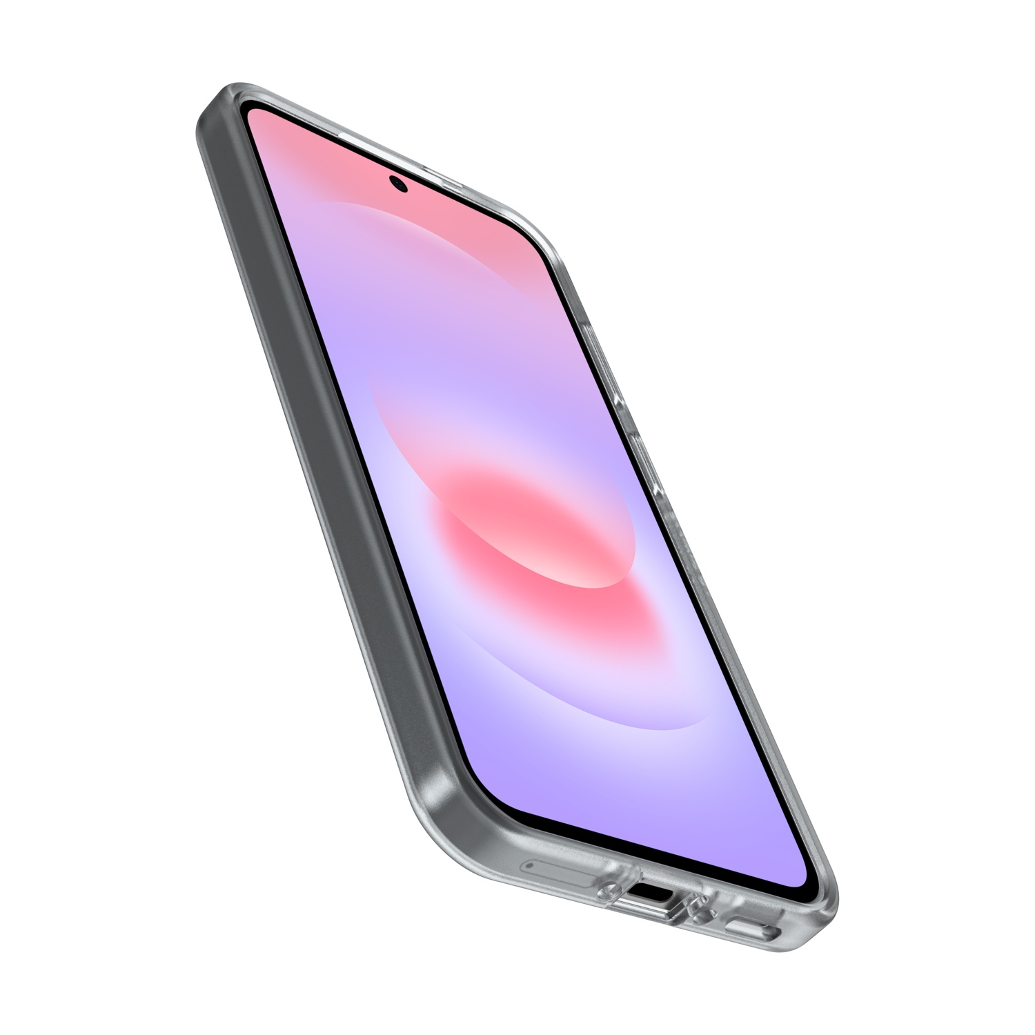 Una custodia trasparente per telefono con bordi grigi su sfondo bianco.