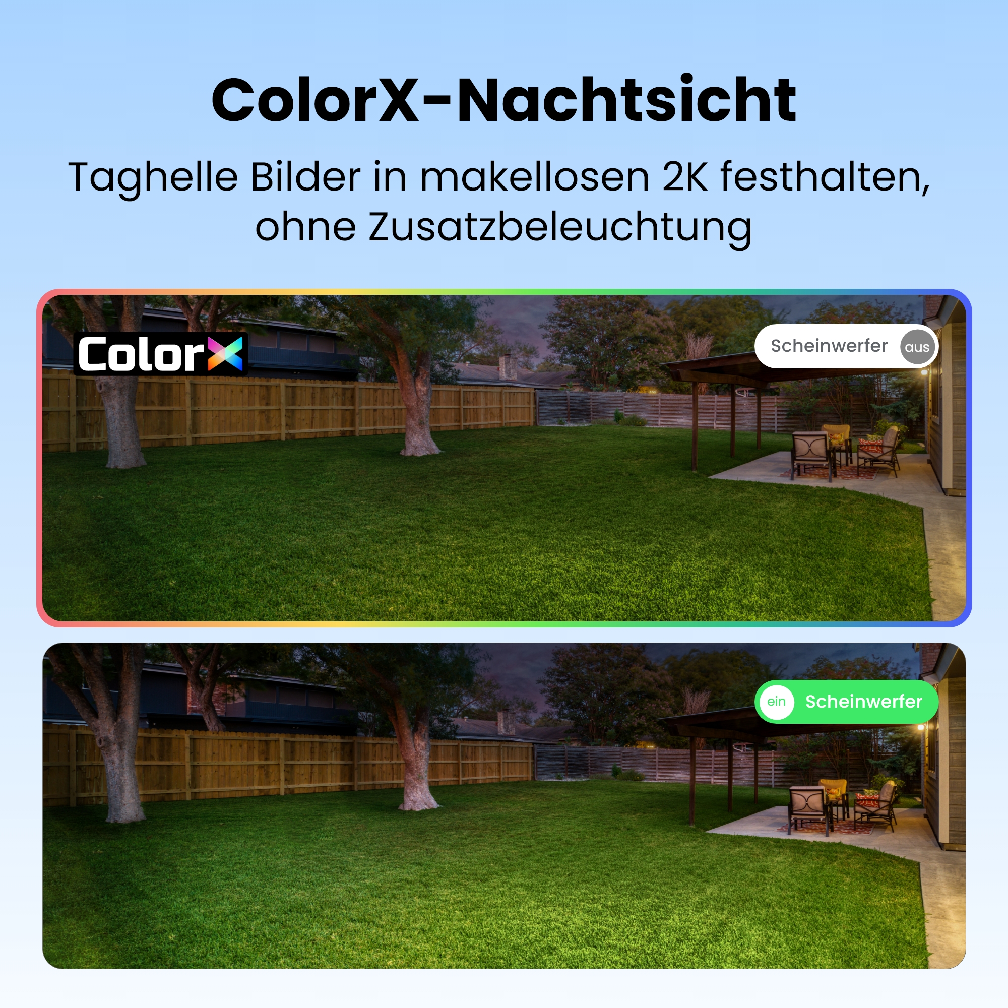 Gartenansicht bei Nacht, mit und ohne Scheinwerferlicht, zeigt Rasen und Zaun.