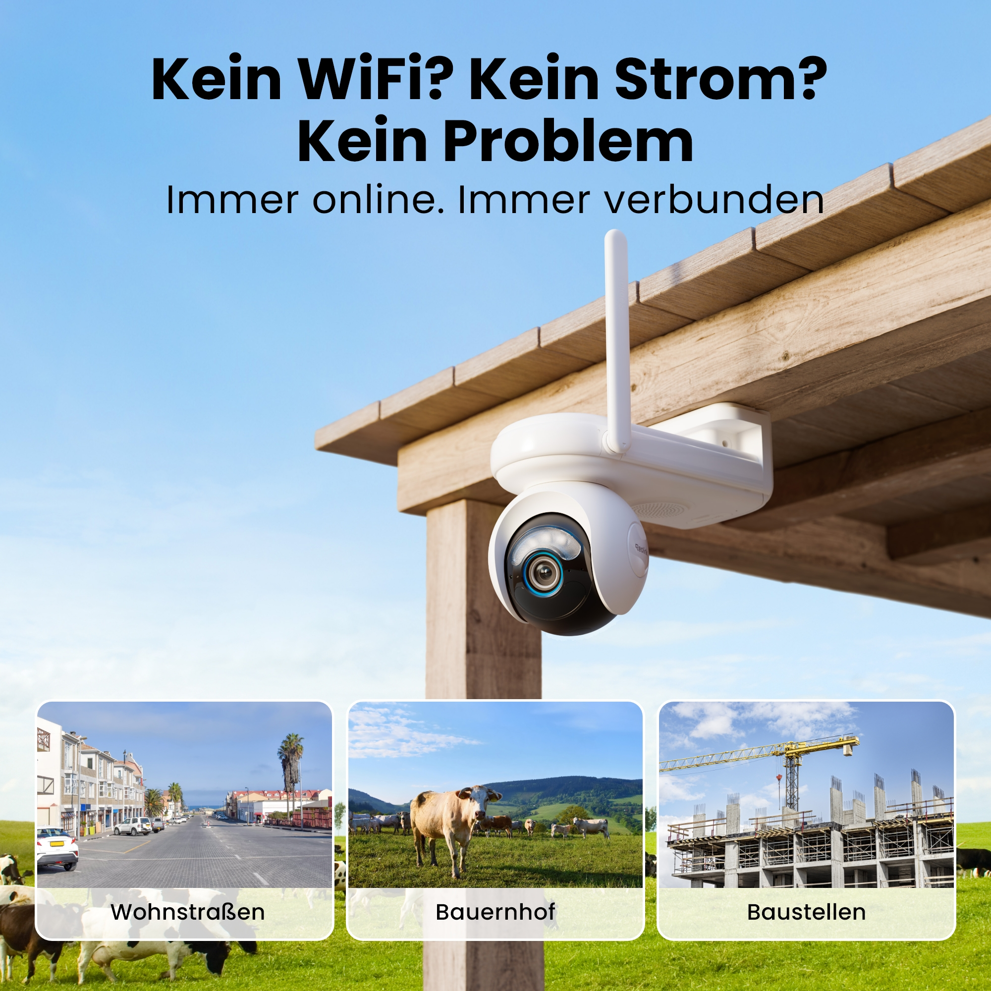 Überwachungskamera unter Holzpergola vor blauem Himmel mit drei Bildvergleichen.