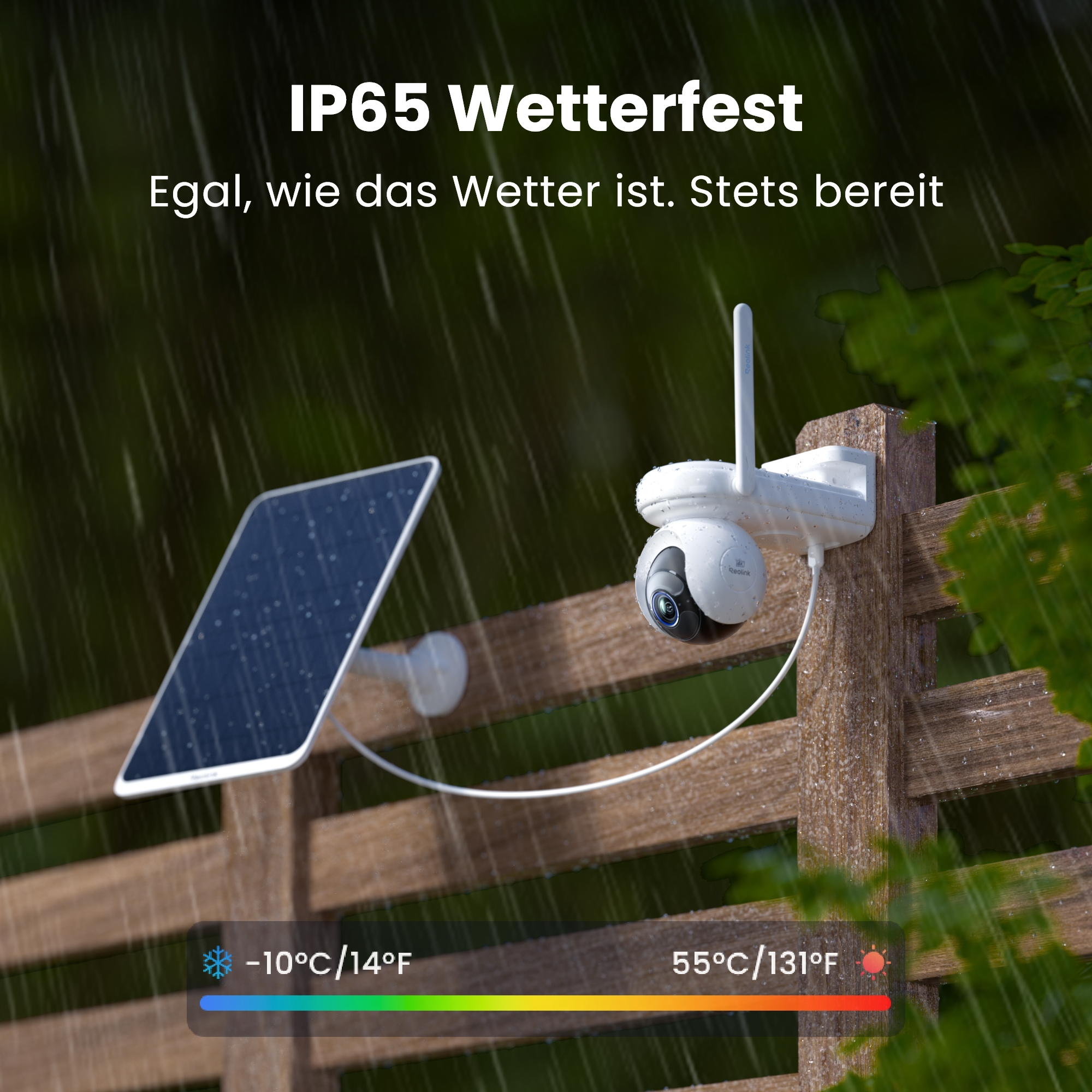 IP65 wetterfeste Kamera mit Solarpanel bei Regen, Temperaturbereich -10°C bis 55°C.