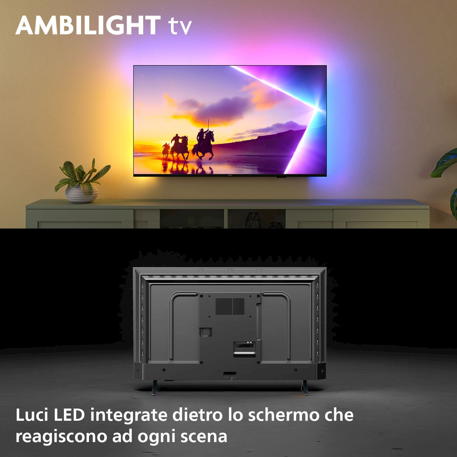 TV con illuminazione Ambilight che si adatta alla scena.