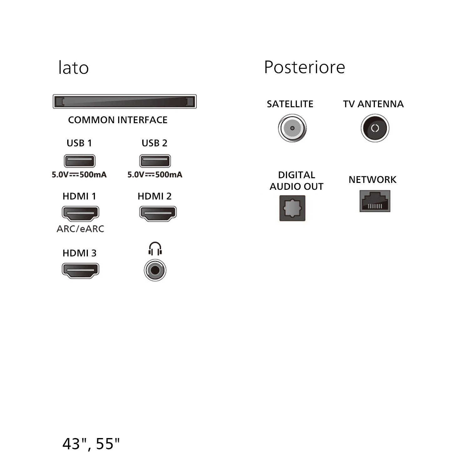 Schema di connessione: Common Interface, USB, HDMI, Satellite, Antenna, Audio, Rete.