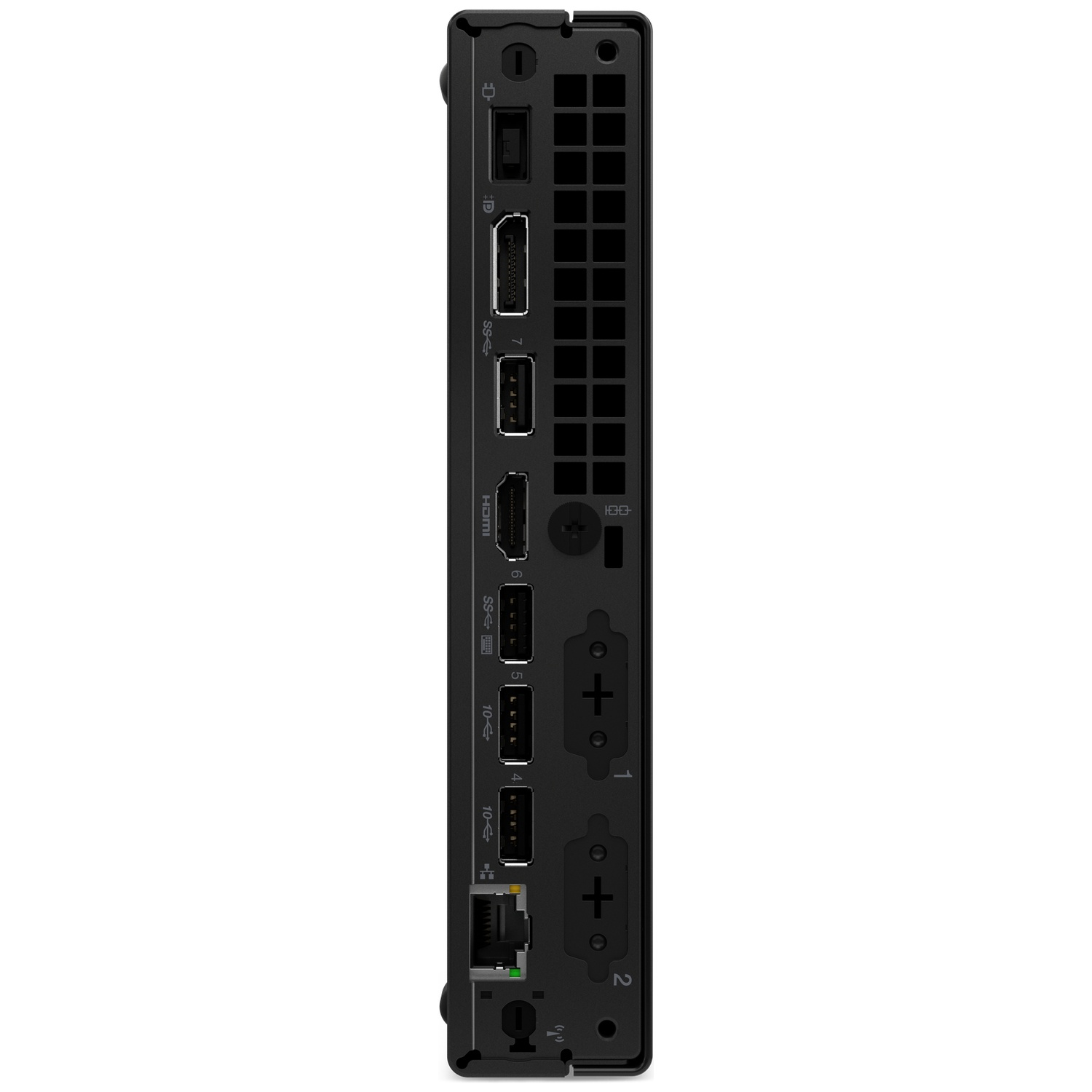 Achterpaneel van een zwarte mini-pc met USB-, HDMI-, displaypoorten en Ethernet.