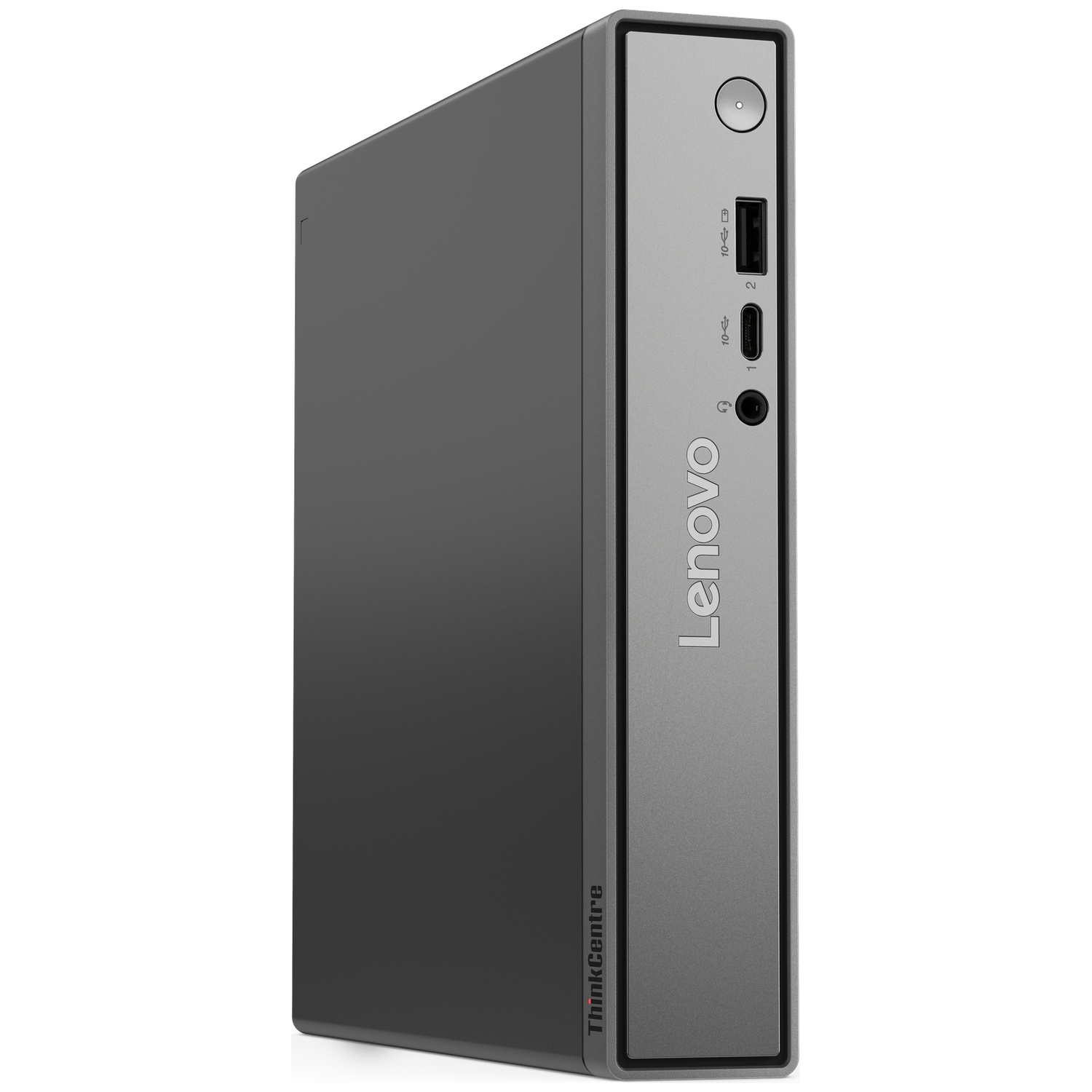 Grijze Lenovo ThinkCentre pc met USB-poorten en aan/uit-knop.