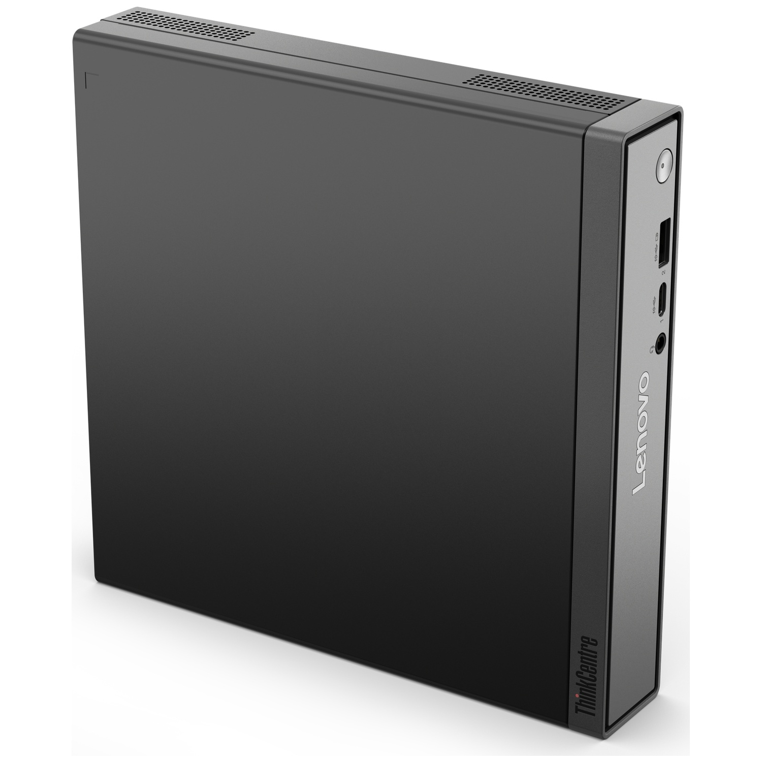 Een slanke zwarte Lenovo ThinkCentre pc met poorten aan de voorkant.