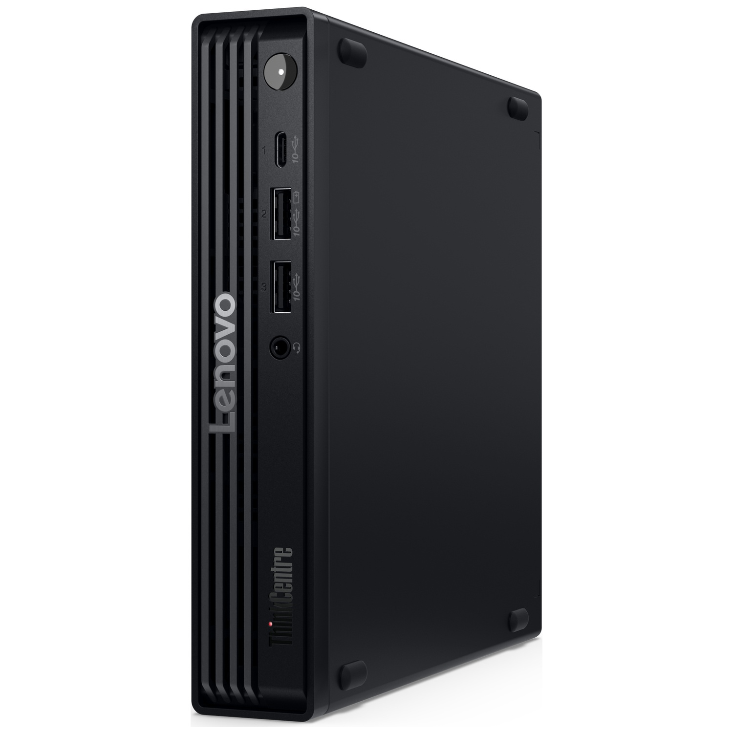 Een zwarte, compacte Lenovo ThinkCentre pc met poorten aan de voorzijde.