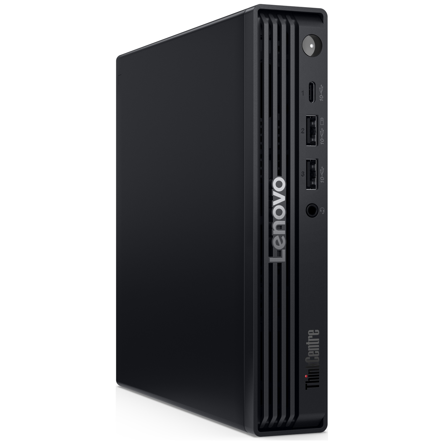 Een zwarte Lenovo ThinkCentre pc met poorten aan de voorkant.