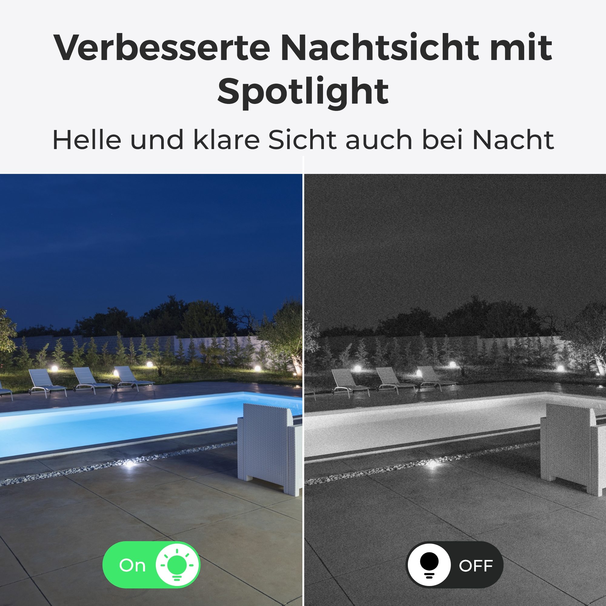 Zwei Bilder nebeneinander: links eine beleuchtete Terrasse mit Pool bei Nacht, rechts dasselbe Bild in Graustufen.