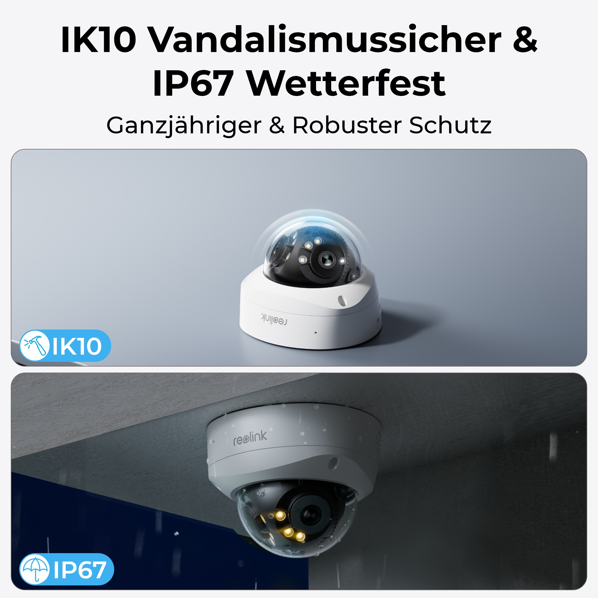 Weiße Überwachungskamera mit Kuppel, oben und unten gezeigt.