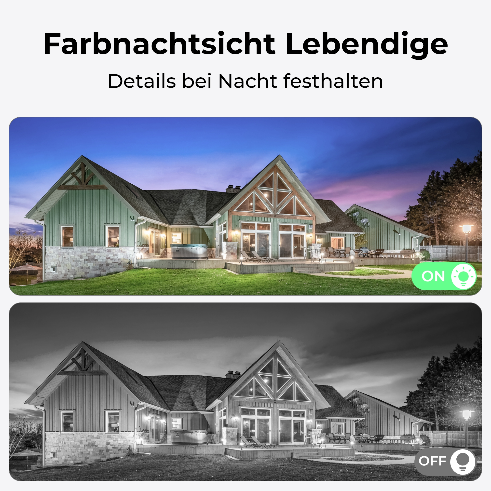 Haus bei Nacht: Oben in Farbe, unten Schwarz-Weiß mit "ON"- und "OFF"-Schaltern.