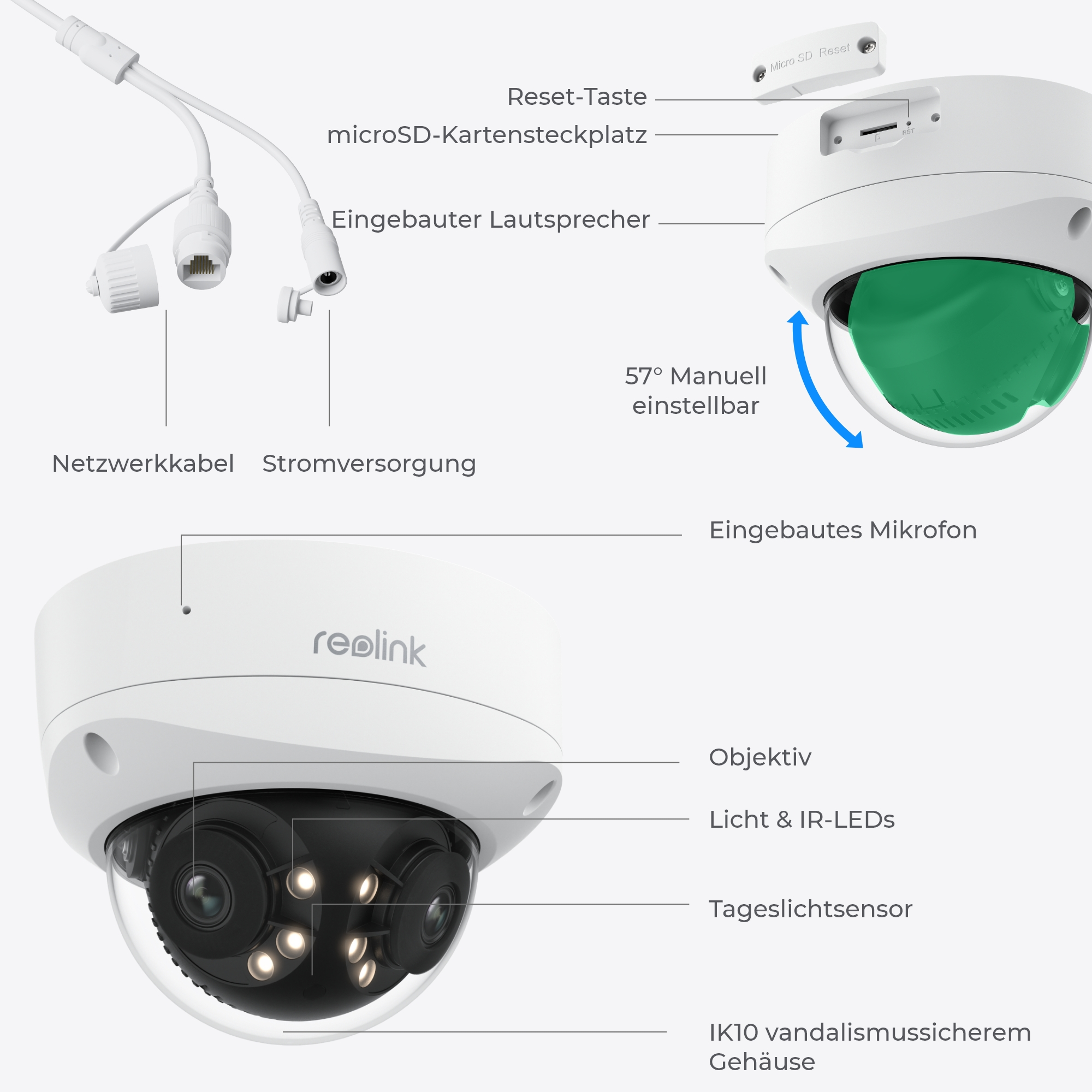 Überwachungskamera mit Netzwerkkabel, Stromversorgung, Mikrofon, Lautsprecher und Linse.