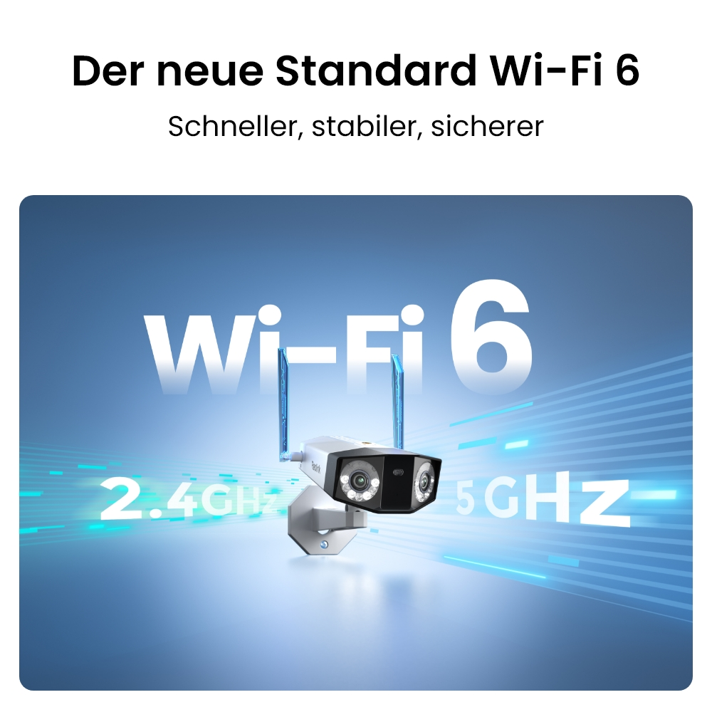 Eine Überwachungskamera mit Wi-Fi 6-Logo, 2,4 GHz und 5 GHz.