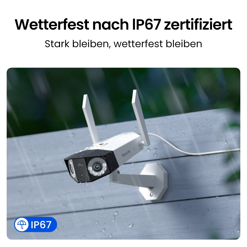 Wetterfeste Kamera mit IP67-Zertifizierung im Regen montiert.