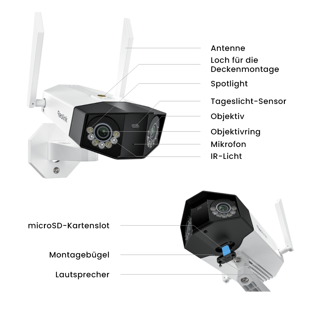 Zwei Ansichten einer weißen Reolink-Überwachungskamera mit schwarzen Akzenten, die Merkmale zeigen.