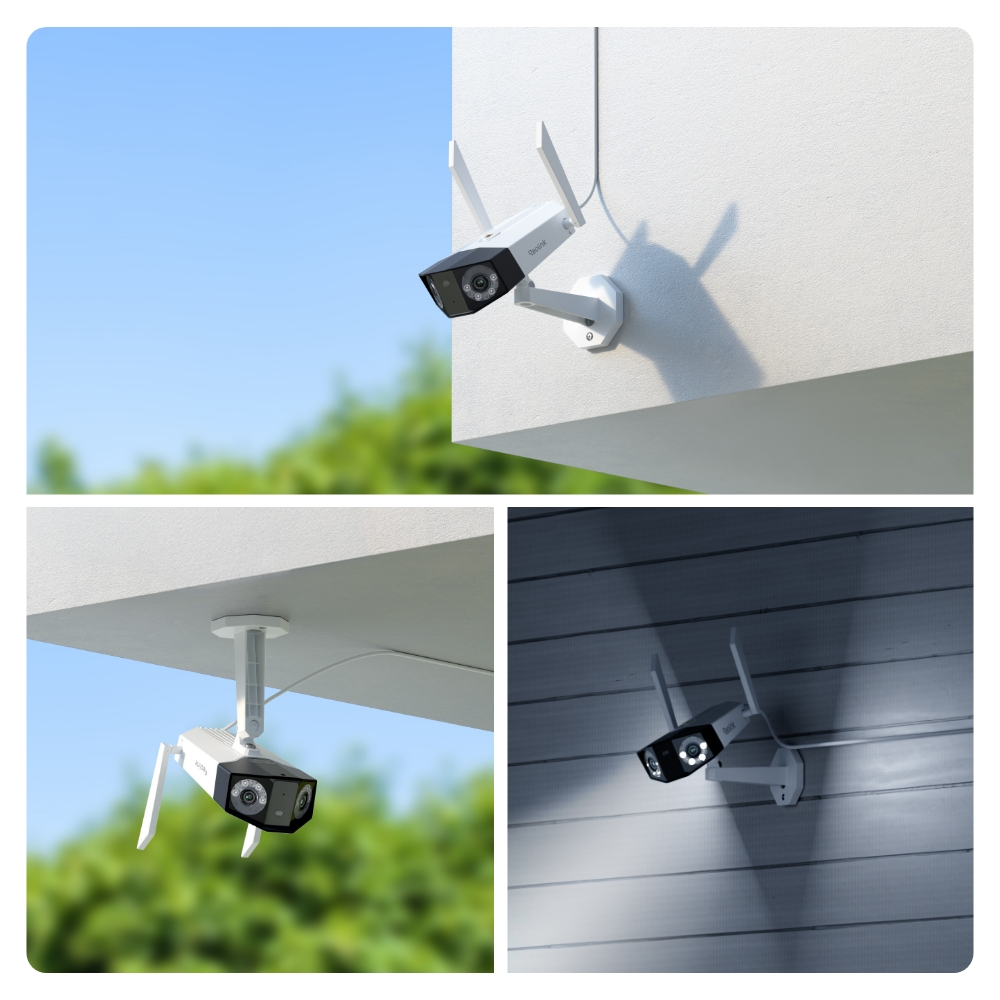 Weiße Überwachungskameras mit Antennen, montiert an Wänden und Decken.