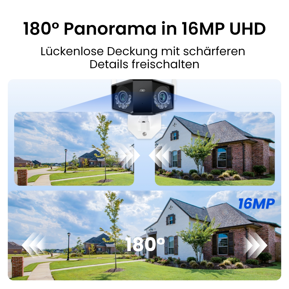 180° Panorama 16MP UHD Kamera über Wohnhäusern. Klare Ansichten.