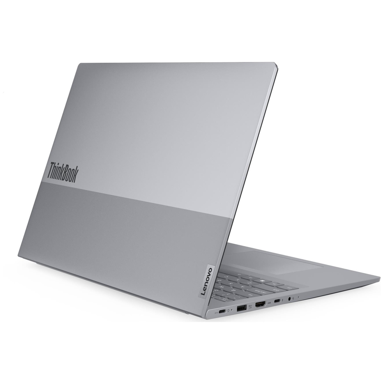 A silver laptop featuring the Lenovo logo and ThinkBook branding.