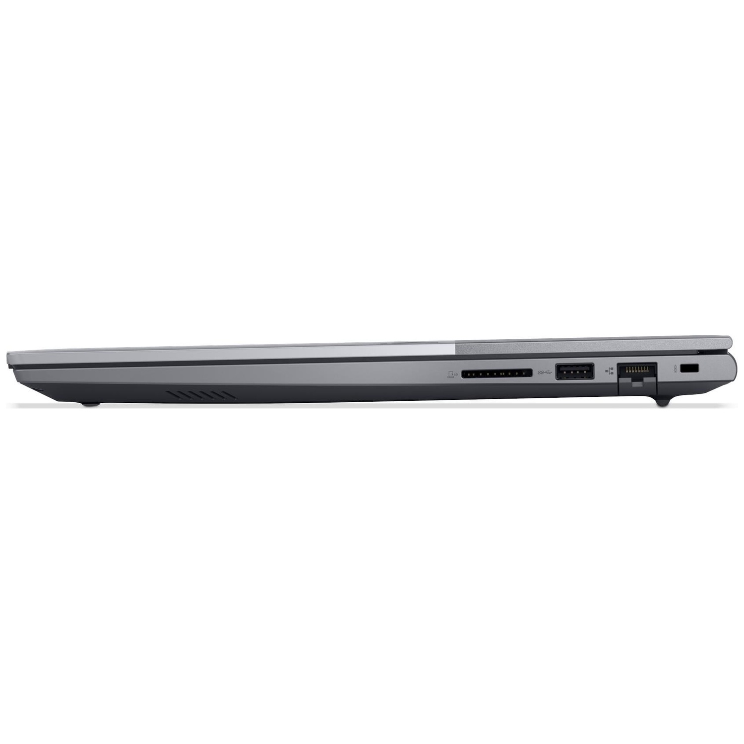 Side view of a closed laptop, showing ports like USB and SD card reader.