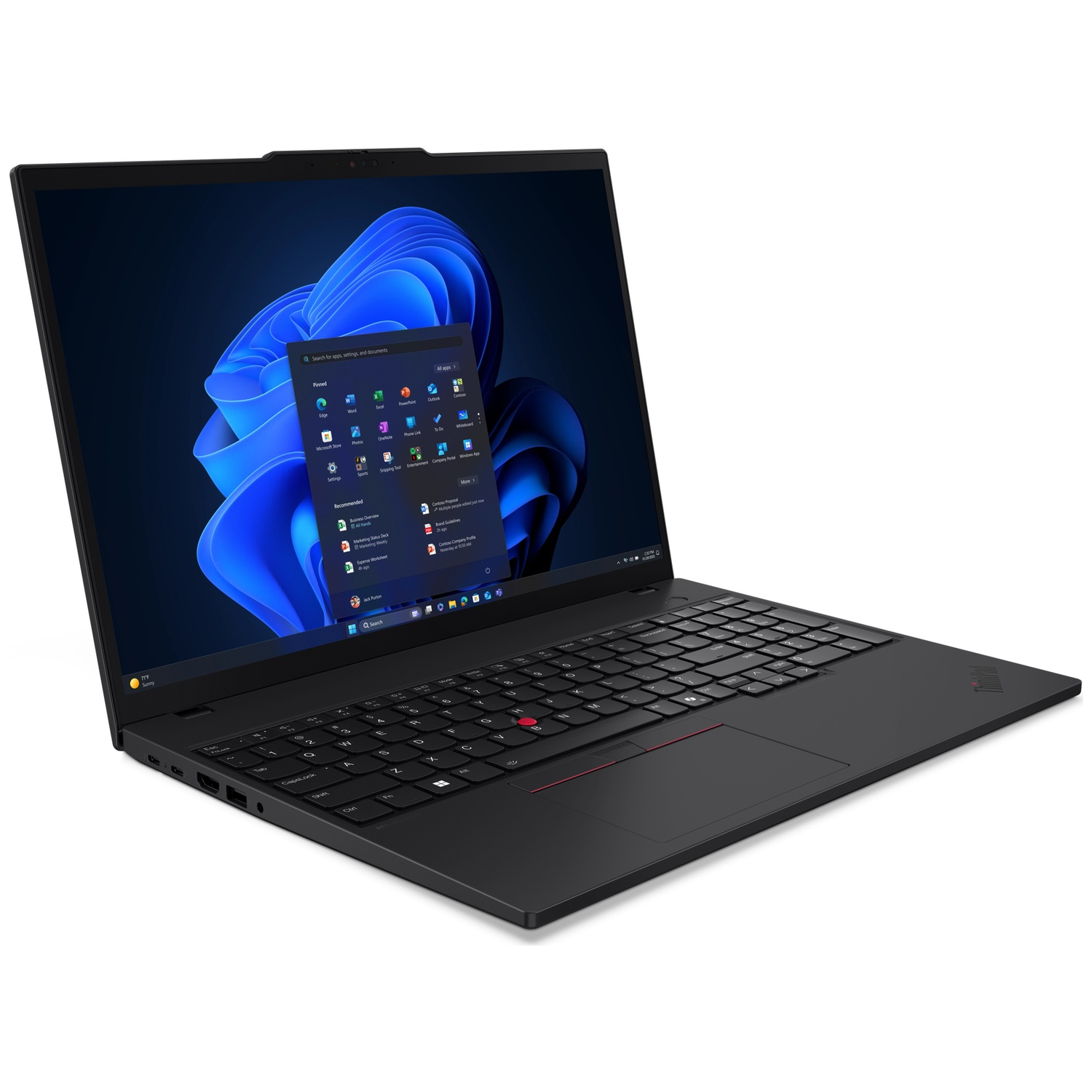 Black laptop open to Windows 11 start menu, with blue background graphic.
