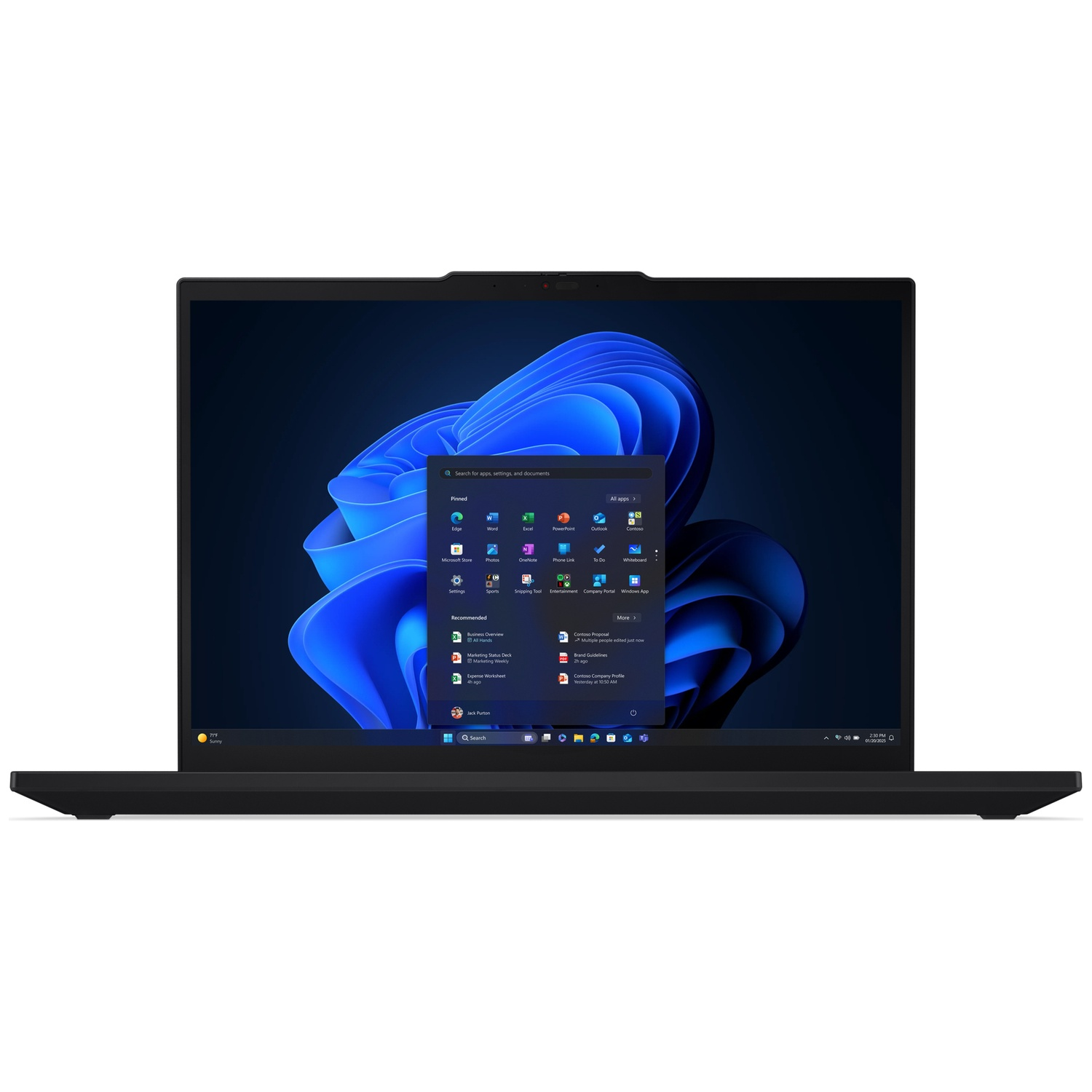 A black laptop displaying an open start menu with a blue wavy wallpaper.
