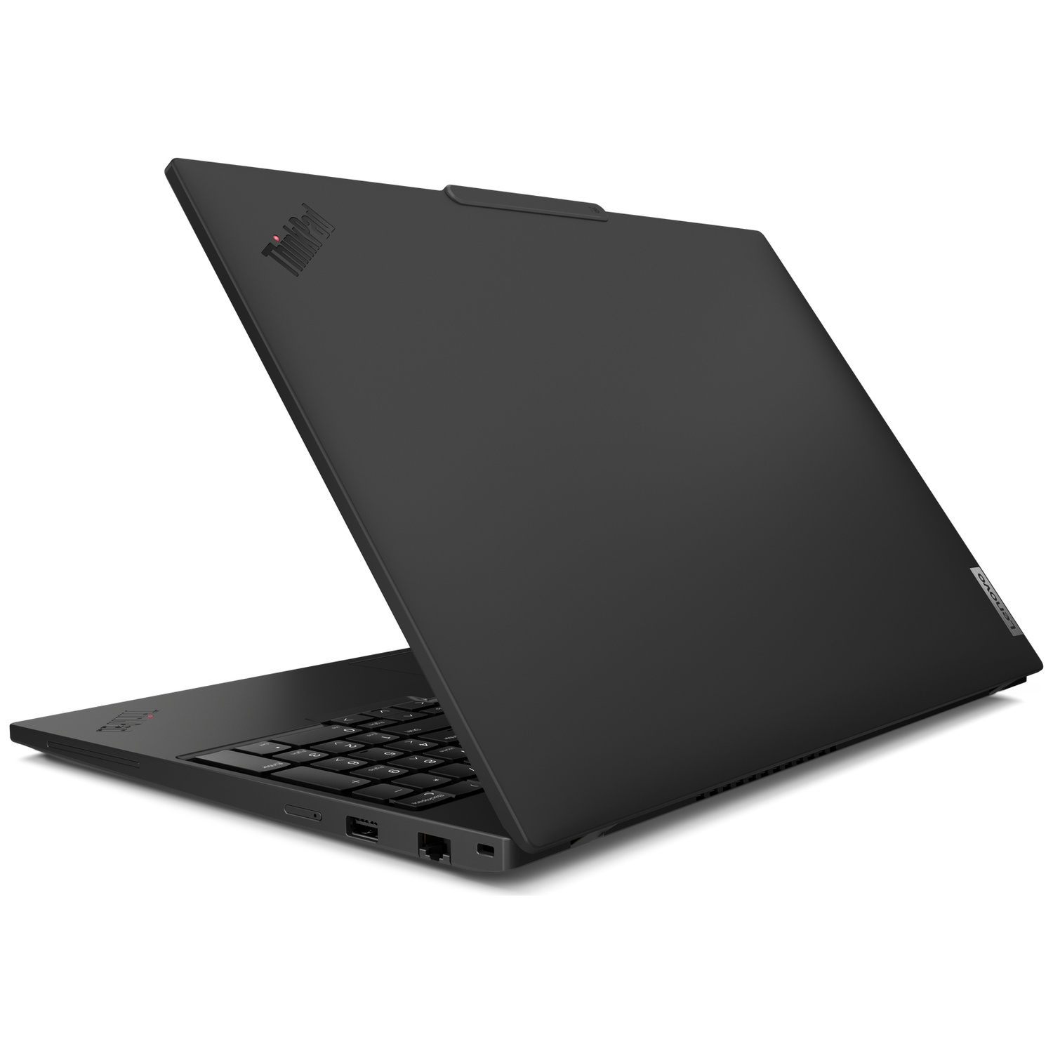 Black laptop with ThinkPad logo, viewed from above-left with lid open.