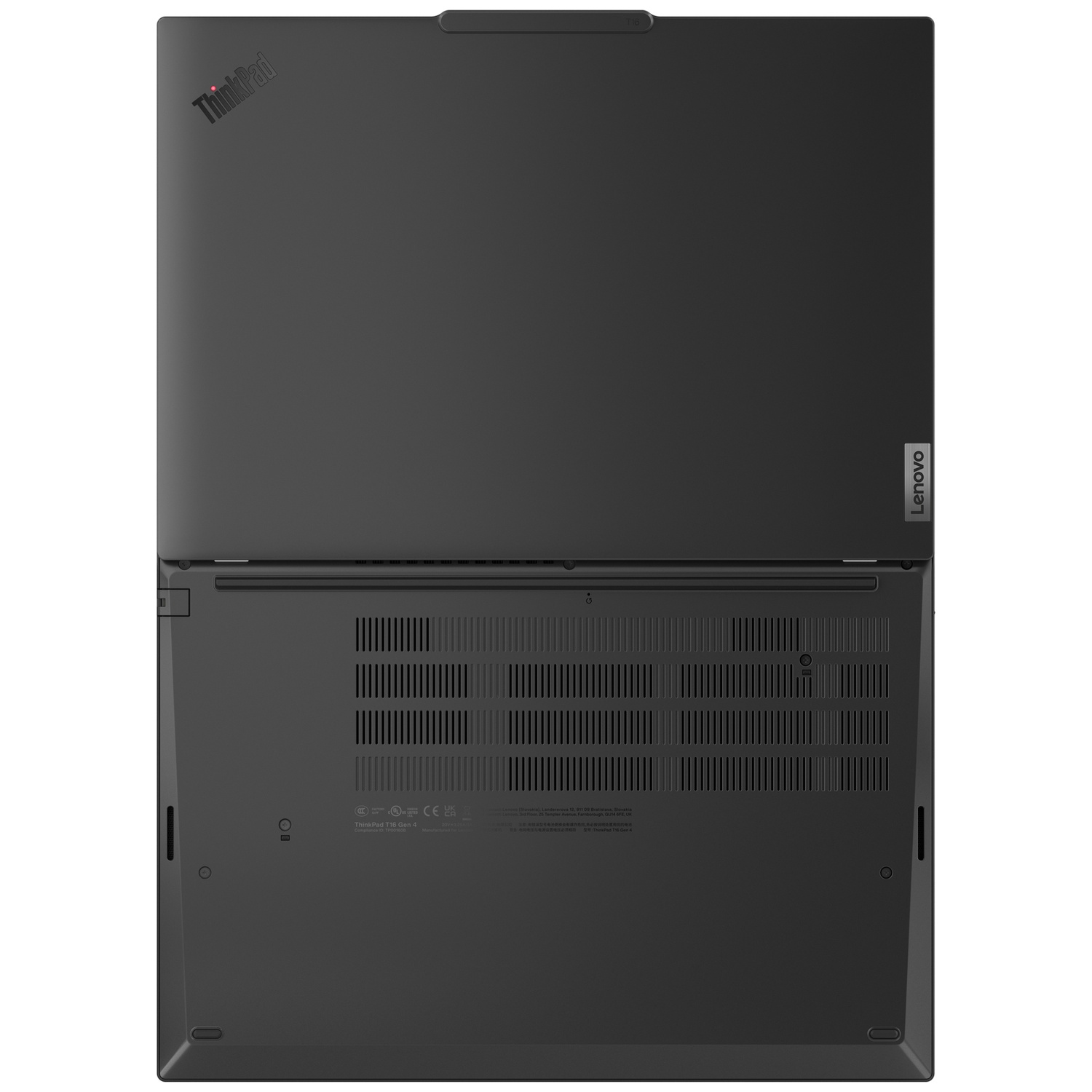 Bottom view of a black ThinkPad T16 Gen 4 laptop, showing vents and logos.