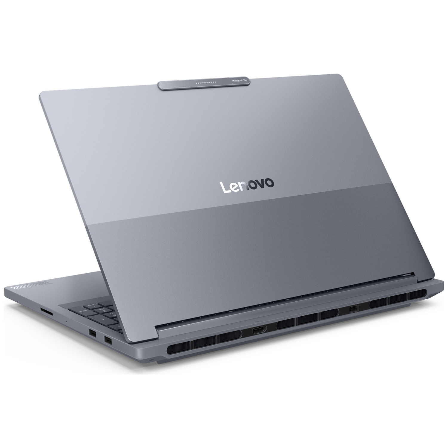 Een grijze Lenovo laptop is open, met toetsenbord en poorten aan de rechterkant.