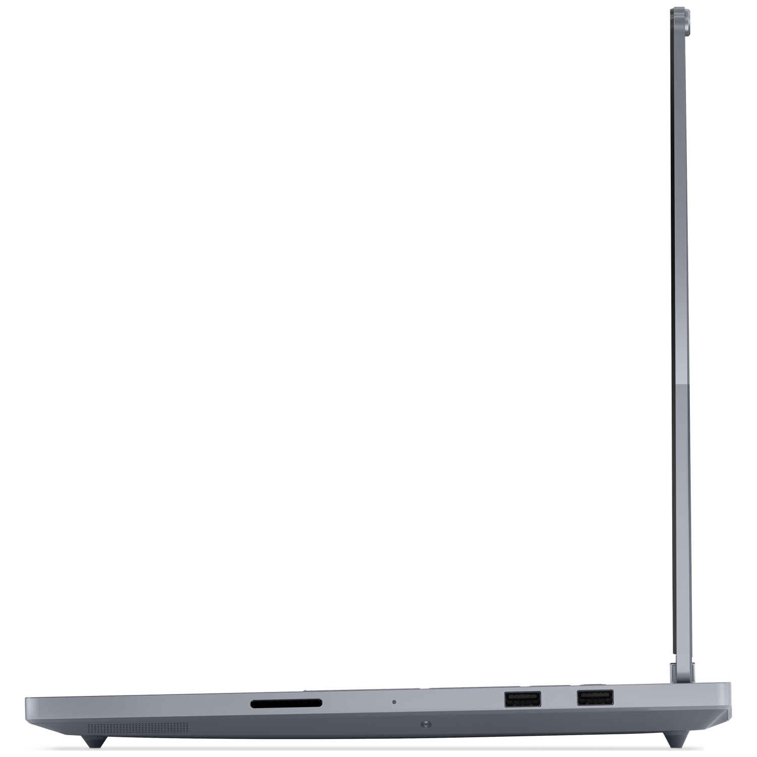 Grijze laptop in profiel, zijaanzicht met poorten.