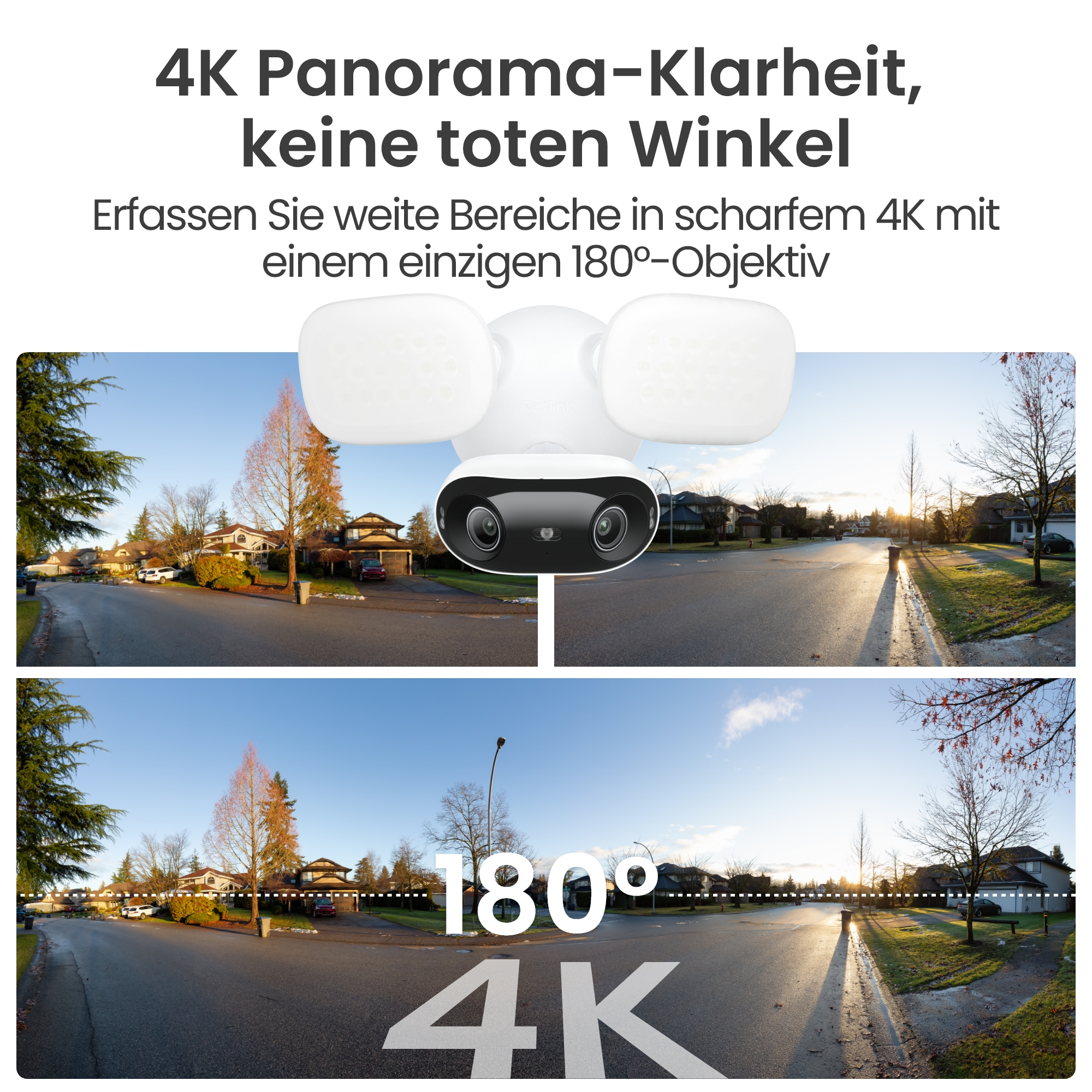 Weißes 180°-Überwachungsgerät mit zwei Objektiven vor einer Vorstadtsiedlung.