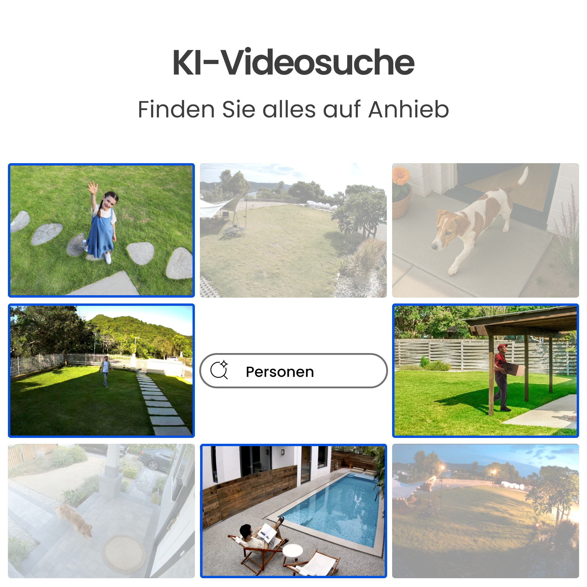 Ein Mädchen winkt auf einem Rasen. Ein Hund läuft auf einer Veranda. Ein Mann liefert Paket.